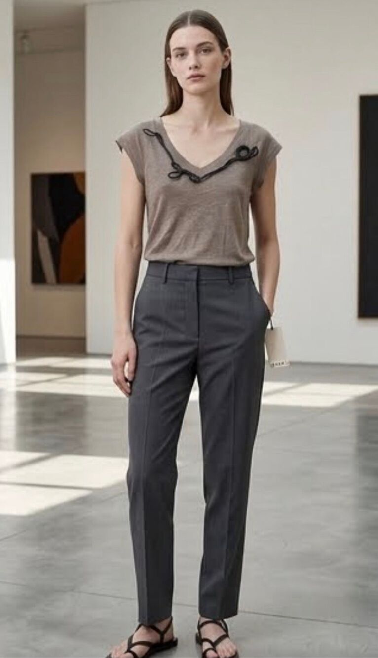 Marni Scoop Neck Sweater Tee Taupe Brown Black Bow Ribbon Cashmere Silk Lux NEW